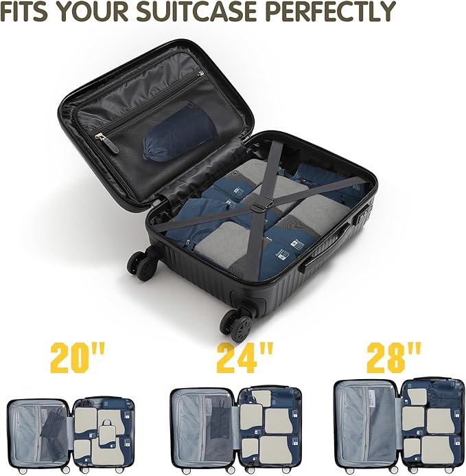 Compression Packing Cubes 8 Set, See-Through Mesh Compression Packing Cubes Travel for Carry on Women/Men, Dual Zipper Packing Bags for Suitcases, Luggage and Backpacks (Navy Blue)