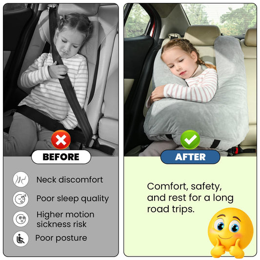 MOAOO Travel Pillow Car Pillow for Kids, Car Sleeping Pillow for Adults and Kids Support Head and Neck on Road Trips Gray