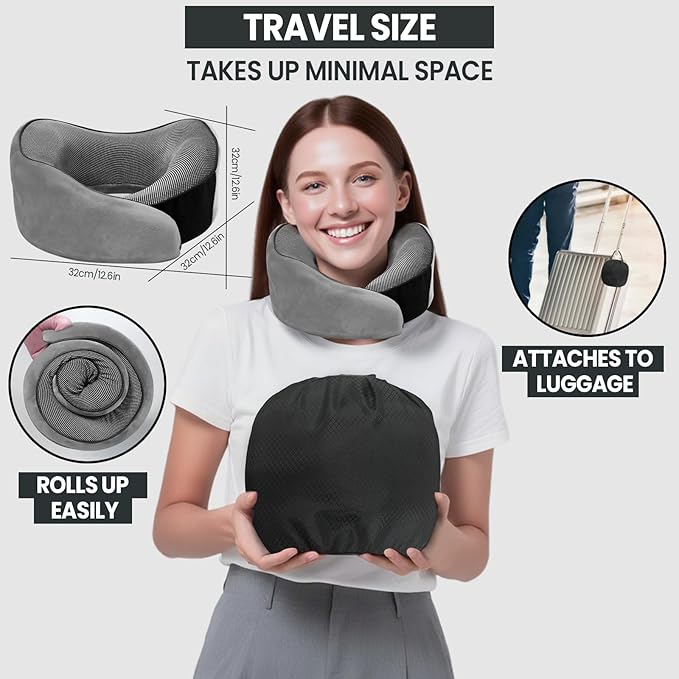 Travel Pillow, 100% Pure Memory Foam Travel Neck Pillow Airplane Neck Support Ergonomic Design for Traveling Suitable for Airplanes,Offices and Cars-Light Grey