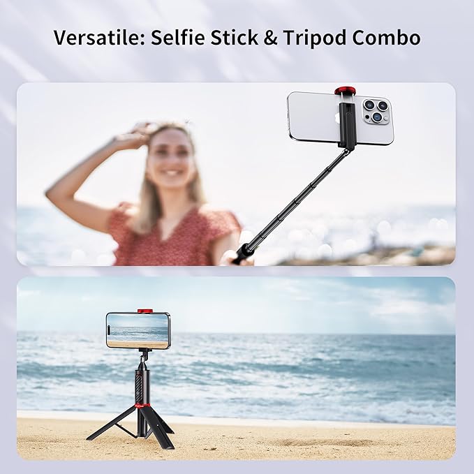 ATUMTEK Selfie Stick Tripod, 3-in-1 Extendable Aluminum Phone Tripod with Detachable Bluetooth Remote, Compatible with iPhone 17/16/15/14/13/12/11/11 Pro/XS Max/XR and Samsung Smartphones, Red