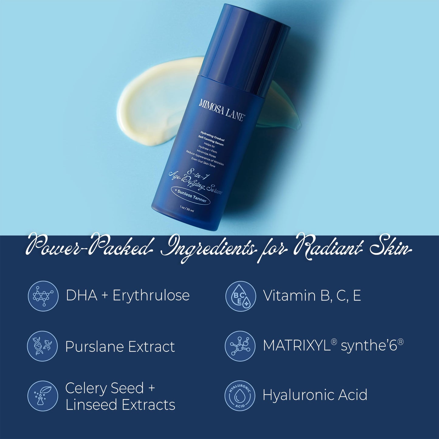 Mimosa Lane 8-in-1 Age Defying Serum REFILL, Hydrating Gradual Self-Tanning for Face, with Anti-Aging Hyaluronic Acid and Vitamin B, C, E, Sunless Tanner, Fragrance-Free, Vegan, 1 oz, Light