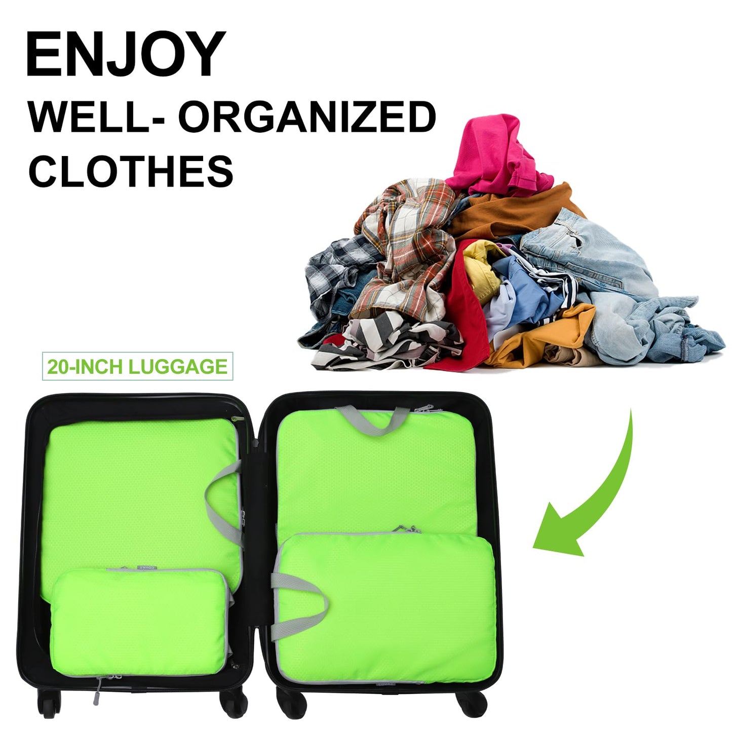 COVAX 4 Set Compression Packing Cubes, Travel Luggage Organizers and Storage Packing Cubes, Fluorescent Green
