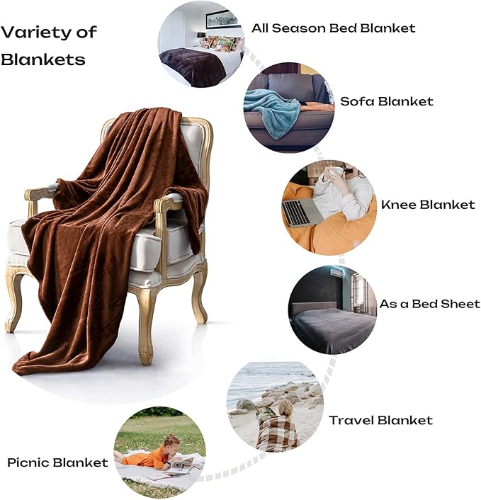 JIAHANNHA Flannel Fleece Blanket Throw Size(60 by 80 Inches),Brown Throw Blanket for Couch Sofa Bed 280GSM,Super Soft Plush Cozy and Lightweight Warm Bed Blanket for All Season