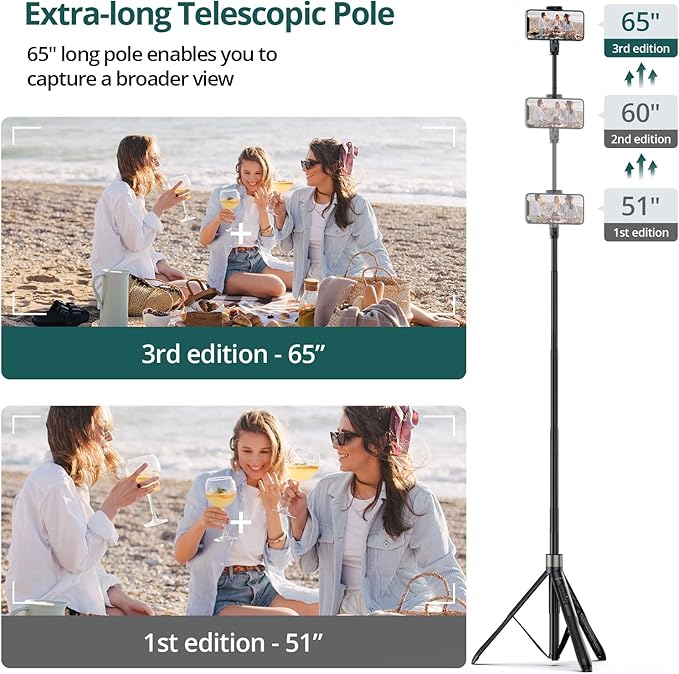 ATUMTEK 65" Selfie Stick Tripod, All in One Extendable Phone Tripod Stand with Bluetooth Remote 360° Rotation for iPhone and Android Phone Selfies, Video Recording, Vlogging, Live Streaming, Black