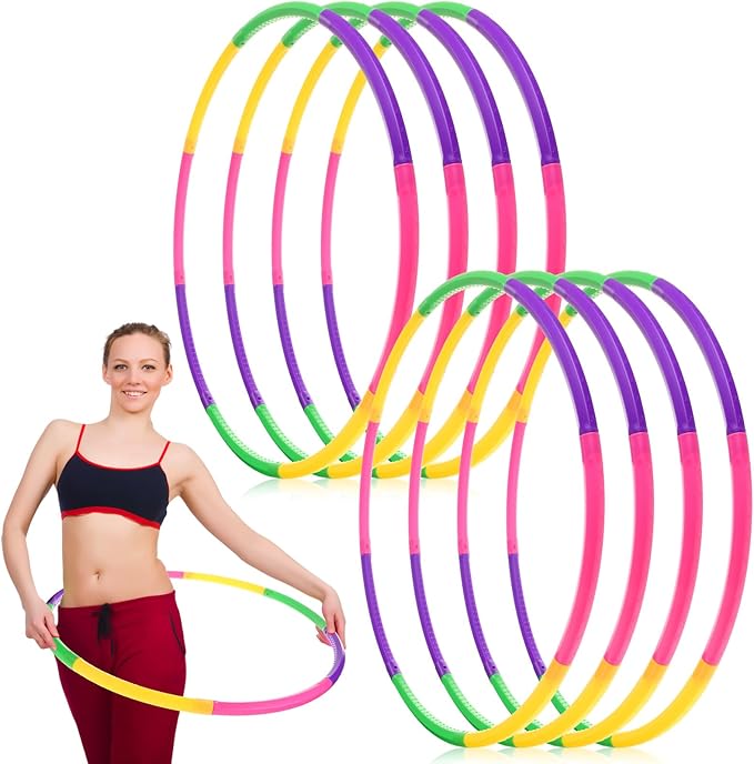 Chivao 8 Pack Color Detachable Hoop Fitness Waist Exercise Ring Plastic Exercise Hoop Adjustable Weight Size Plastic Adult Party Supplies Game Sport Gymnastic