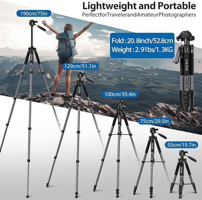 75" Camera Tripod, Heavy Duty Aluminum Camera Stand for ipad Phone, Travel Tripod with Remote/Carry Bag/Phone Tablet Holder, Compatible with DSLR, Spotting Scopes, Max Load 15 Lb(Grey)