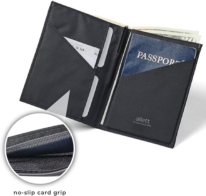 Allett Travel Wallet, Jet Black | Nylon, Thin Bifold, RFID Blocking, Minimalistic, Front Pocket | Holds Up To 10 Cards & Passport | For Men & Women