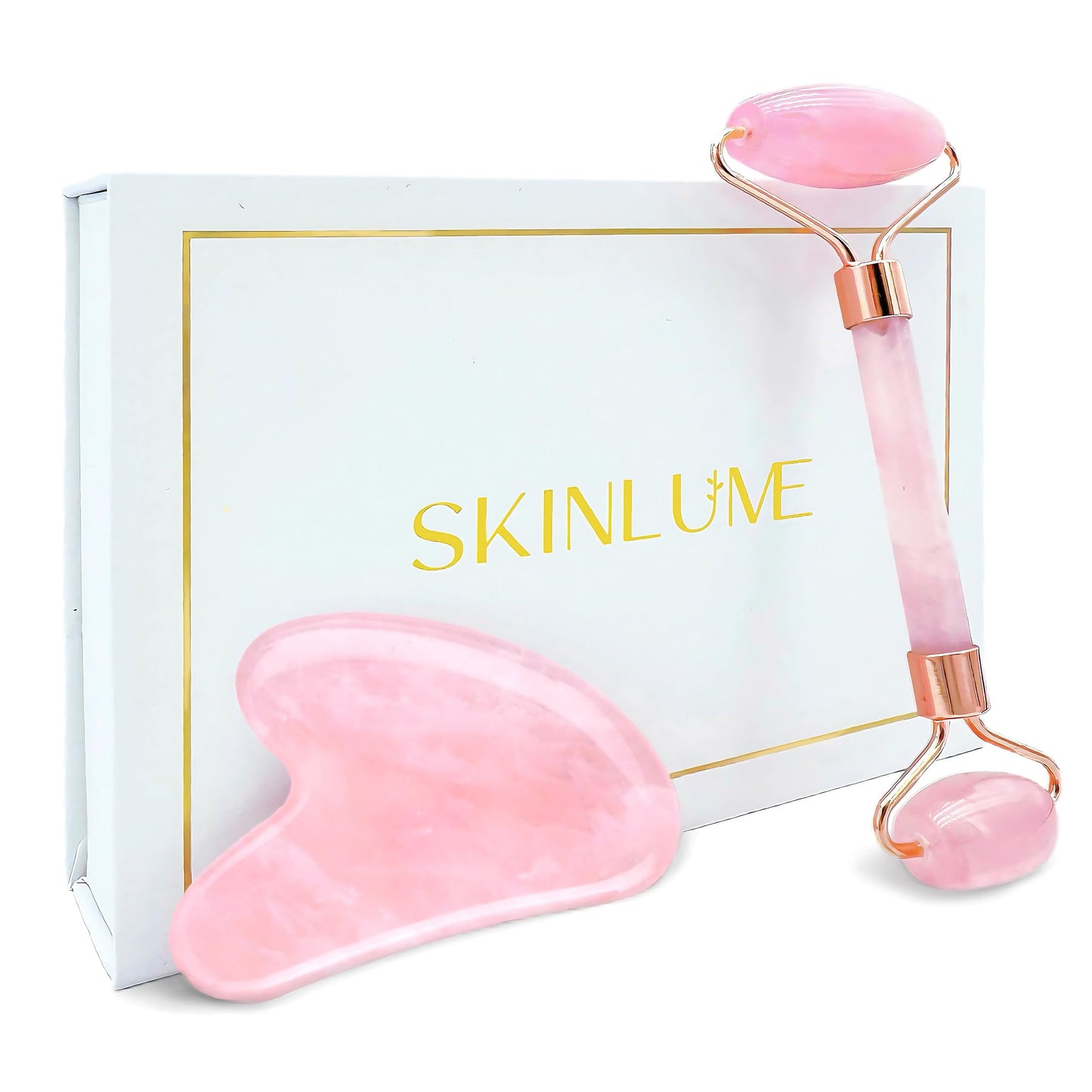 SkinLume Jade Roller Gua Sha Facial Tool - for Face Neck Eye Jawline, Reduce Puffiness and Tension, Gift Set for Men Woman 100% Natural Jade Stone (Pink)