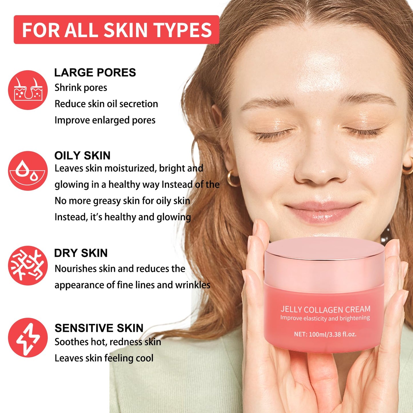 Collagen Jelly Cream - Contains Niacinamide & Freeze Dried Hydrolyzed Collagen -Elasticity & Hydration - Reduce Fine Lines & Dullness - Korean Glass-Shiny Skin Suitable for All Skin Types (3.38 Fl.Oz)