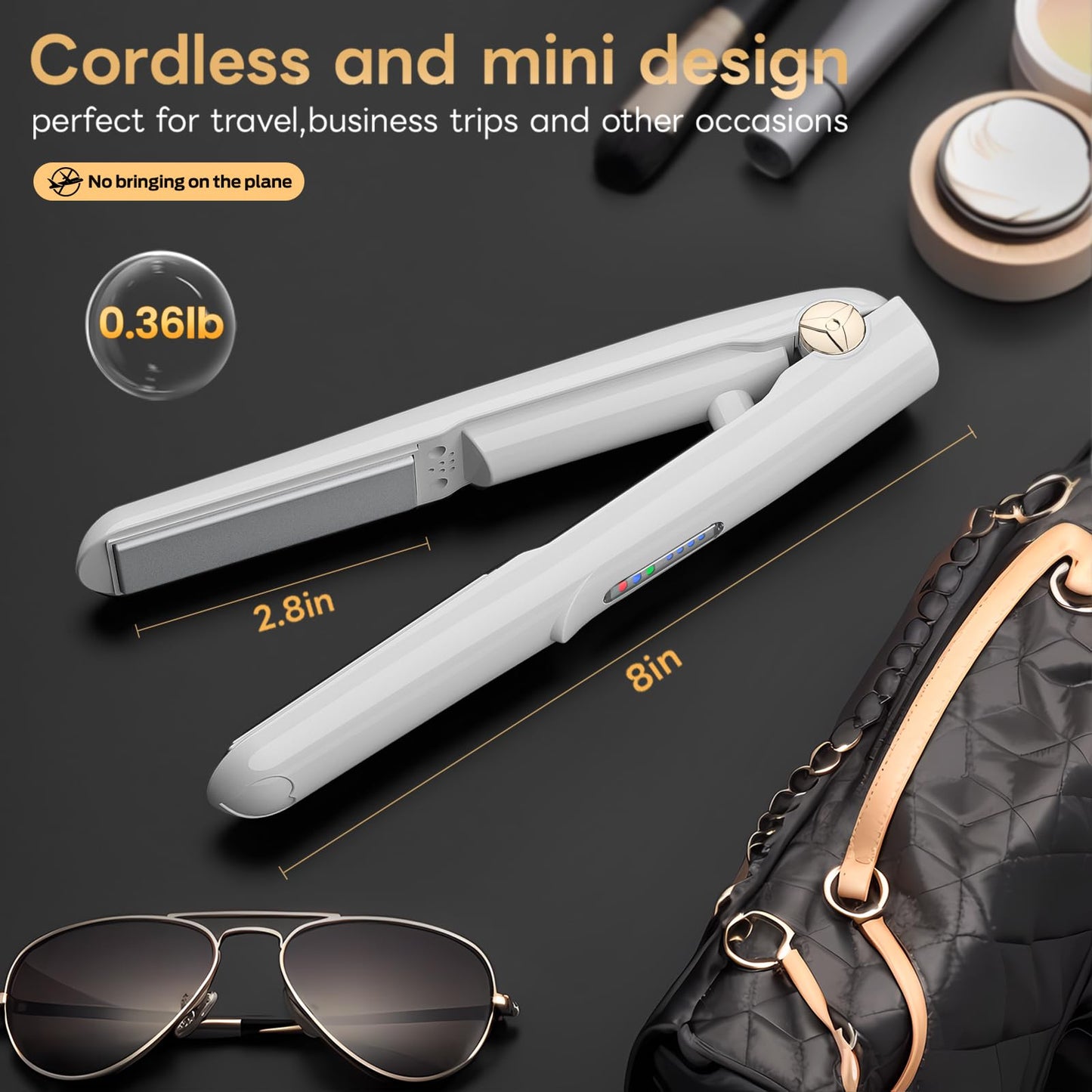 Cordless Hair Straightener 2 in 1 Mini Curler and Flat Iron Ceramic Portable USB Rechargeable Travel Hair Styler for Women Men with Pouch(White)