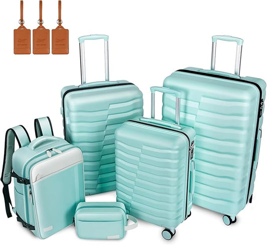 5-Piece Lightweight Luggage with Backpack Sets, ABS+PC Hard Shell Suitcase with TSA Lock & YKK Zipper (MInt Green, 20in/24in/28in/BP/TB)