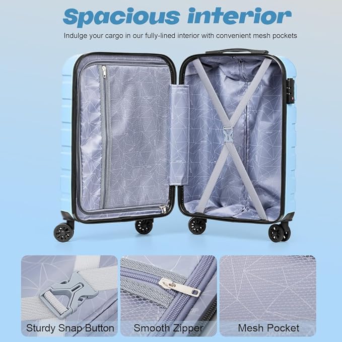 AnyZip Luggage Set 20 Inch Carry on Luggage PC ABS Hardshell Lightweight Suitcases for Travelling with 4 Universal Wheels TSA Lock Light Blue