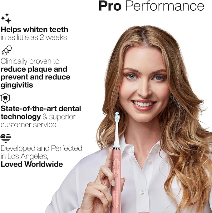 Aquasonic Vibe Series PRO – Ultra-Whitening Electric Toothbrush – 5 Modes & Smart Timers – UV Sanitizing Base – ADA Accepted (Satin Rose Gold)