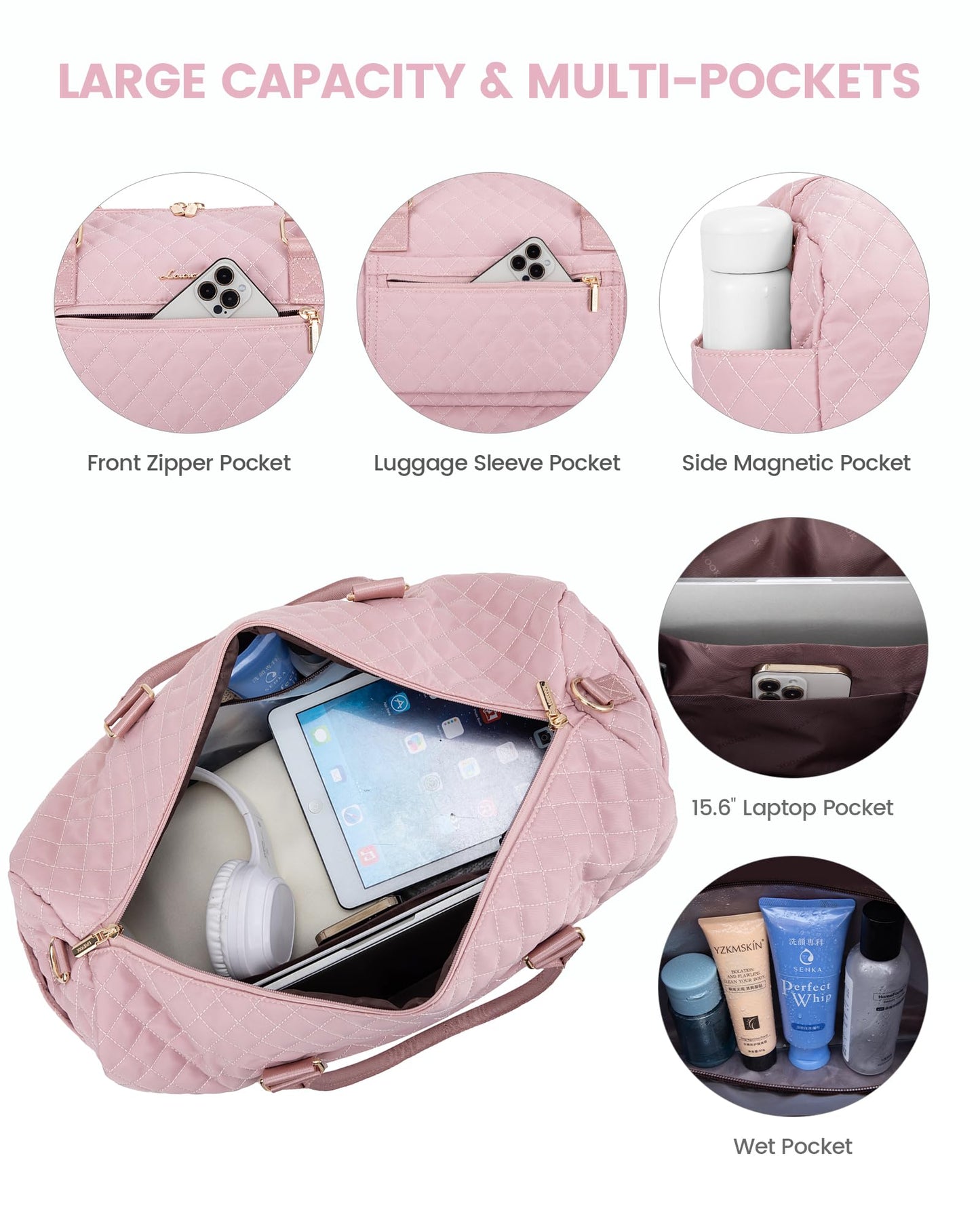 LOVEVOOK Travel Duffle Bag for Women, Weekender Overnight Bags with Shoe Compartment, Carry on Bag with Toiletry Kit, Gym Duffel Bag with Wet Pocket, Hospital Bags for Labor and Delivery 3 Pcs Set