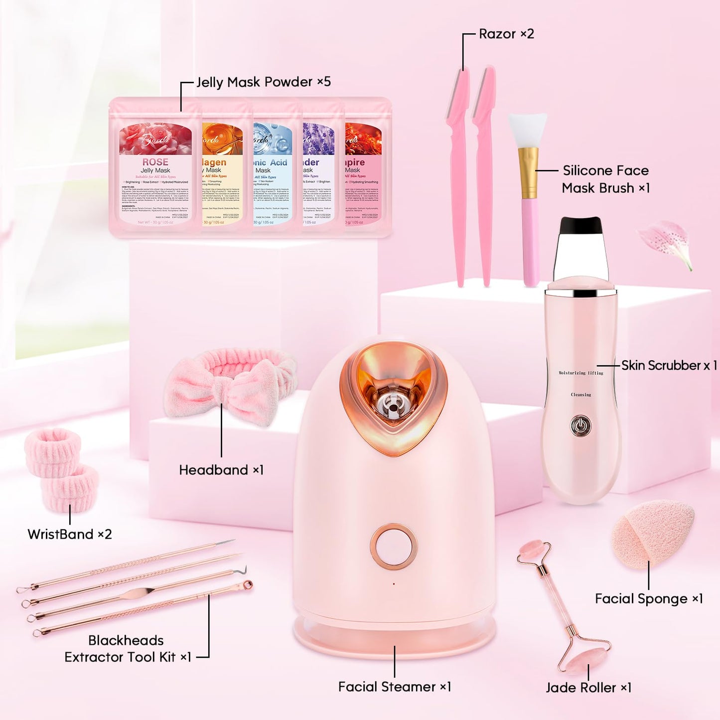 Pjordo Facial Steamer Spa Kit, Skin Scrubber, Nano Ionic Face Steamer for Deep Cleaning Unclogs Pores, Warm Mist Humidifier Steamer for Face Home Sauna SPA