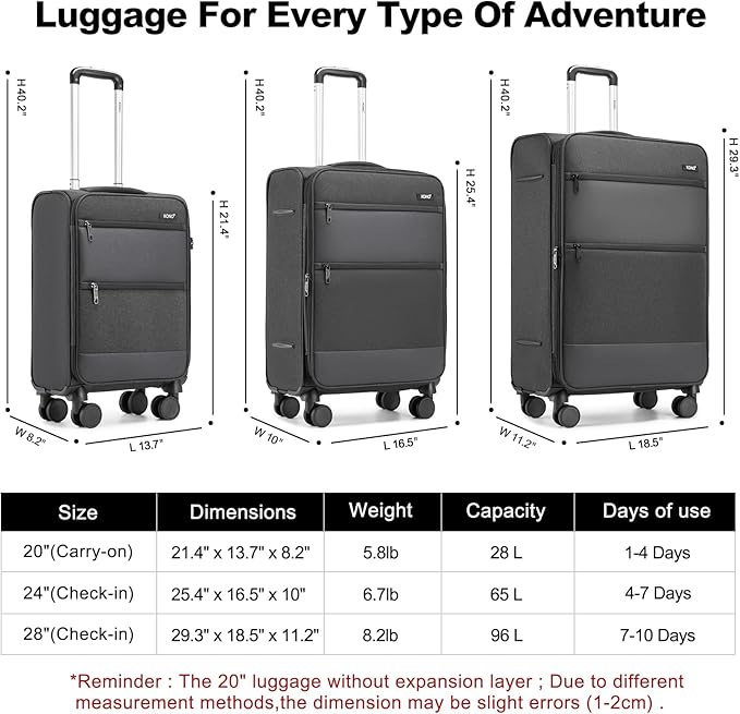 Kono 20 Inch Soft-Sided Carry-On Luggage Airline Approved 20" Spinner Wheels Lightweight Waterproof Suitcase with TSA Lock for Business Travel (Small, Black)