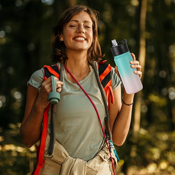 16 oz Insulated Water Bottle with Straw Lids, Stainless Steel Kids Water Bottles for School, Double Wall Vacuum Metal Water Bottle with Straw & Wide Mouth Lid, Bubble Gum 8 Pack