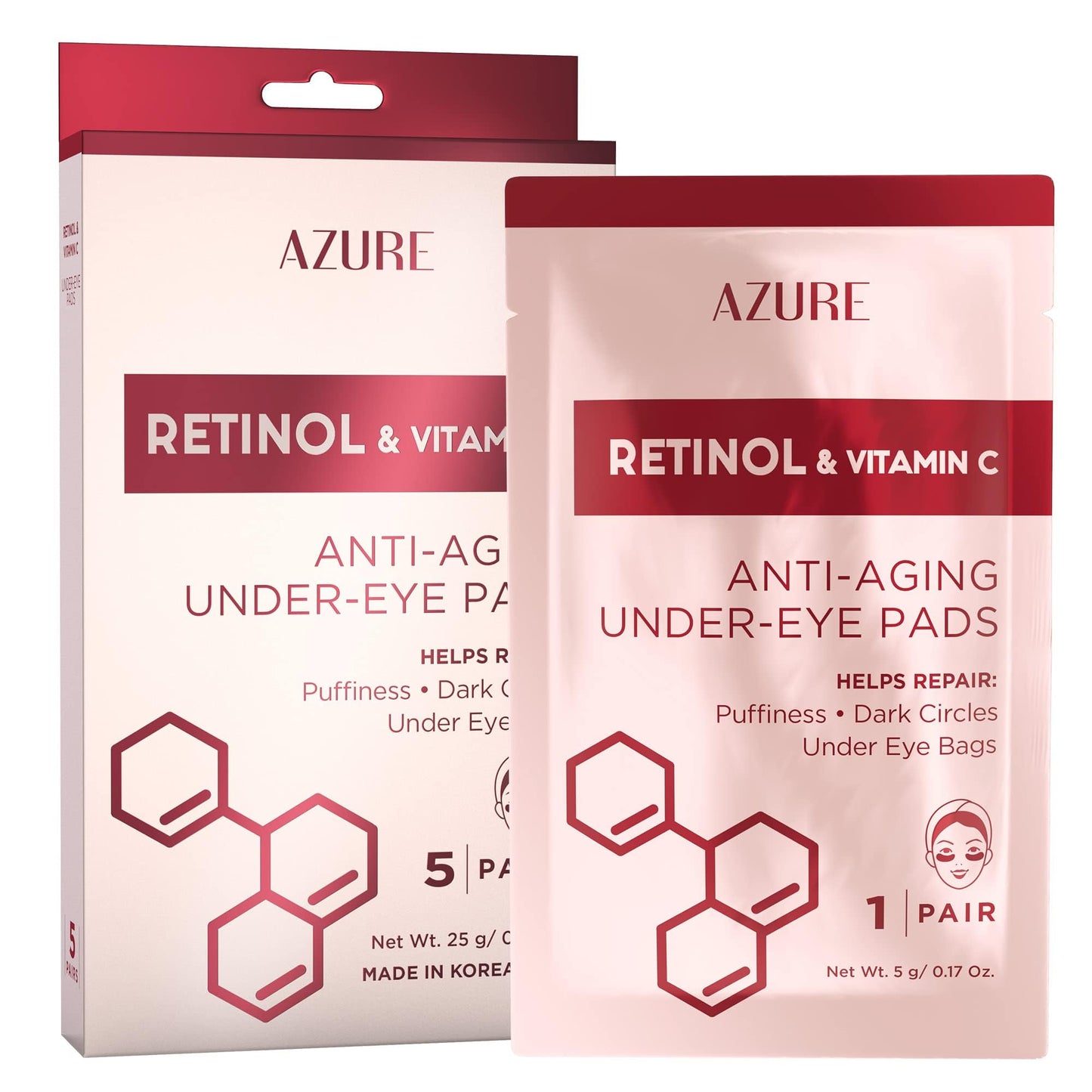 Azure Cosmetics Retinol & Vitamin C Anti Aging Under Eye Pads - Hydrating & Refreshing Eye Mask Patches - Reduces Fine Lines, Wrinkles, Dark Circles & Puffiness - Skin Care Made in Korea - 5 Pairs