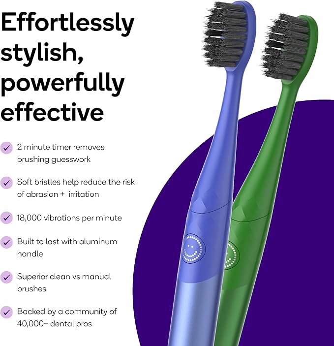 Burst Nova Toothbrush (2 Pack/Blue & Green) | Sonic Powered Teeth Whitening | Super-Soft Bristles | 18000 VPM | 2 Minute Timer | Aluminum Handle | Replaceable Brush Head | Compact Size | AAA Battery
