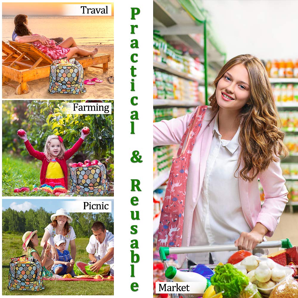 SZUAH 10 Pack Reusable Grocery Shopping Bags, Foldable Shopping Bags Grocery Tote with Attached Pouch,Machine Washable Eco-Friendly.