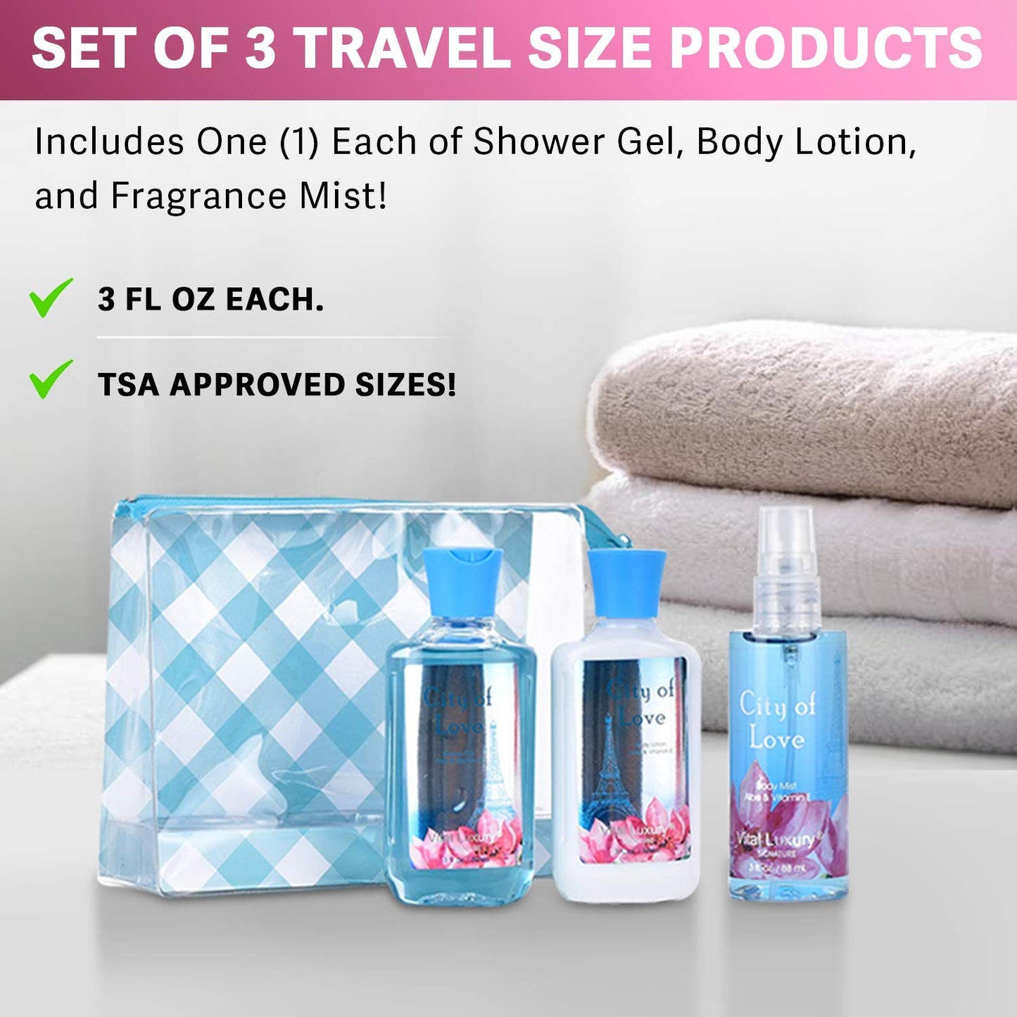 Vital Luxury Bath & Body Care Travel Set - Home Spa Set with Body Lotion, Shower Gel and Fragrance Mist, Personal Body Care Travel Set (City of Love)