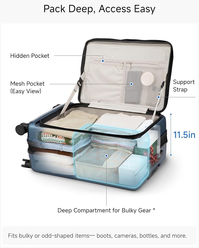 Checked Luggage Top Opening, FLO-Lite Expandable Polycarbonate Hard Shell Suitcase with Wheels(FLT, Blue, 24 Inch, 63L-70L)
