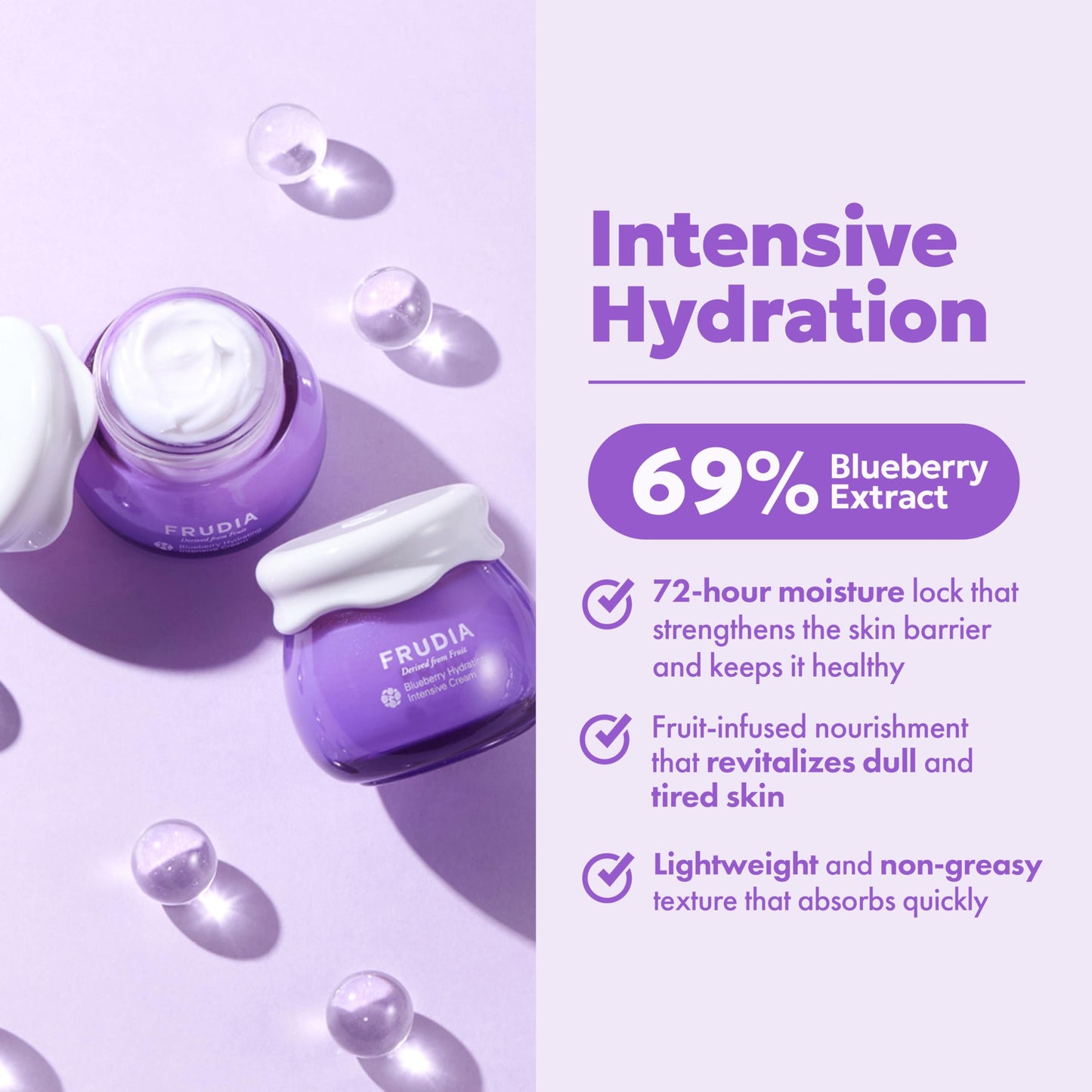 FRUDIA Blueberry Hydrating Intensive Face Cream, Vegan Korean Face Moisturizer w/69% Blueberry Extract, Panthenol & WS BS Care EX for Dry Skin (1.94 fl oz)