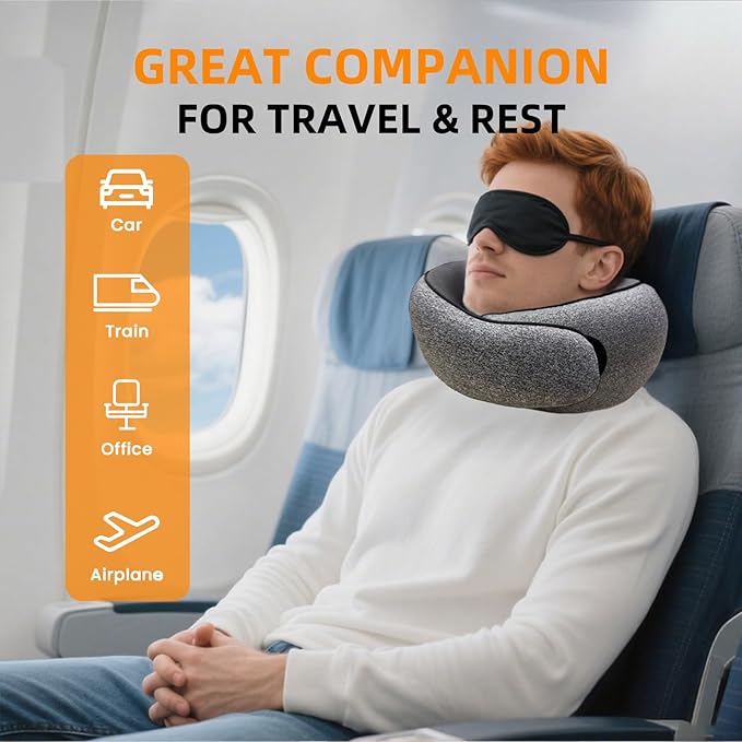 Travel Pillows for Airplanes, 100% Pure Memory Foam Neck Pillow with Alternative Cooling Ice Silk Cover, Ergonomic Support, Washable Cover, Eye Mask, Earplugs, Neck Pillow for Flight Trips