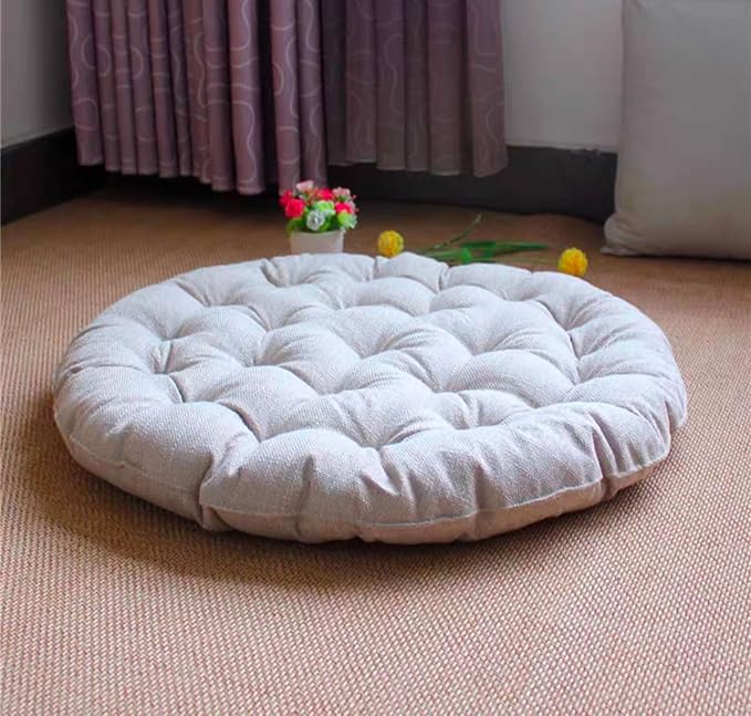 Large Linen Floor Cushions,Round Futon Pillows Japanese Style Tufted Floor Pillows Meditation Cushions for Seating On Pad for Yoga Sofa Balcony(Size:65x65cm(26x26inch),Color:Beige)