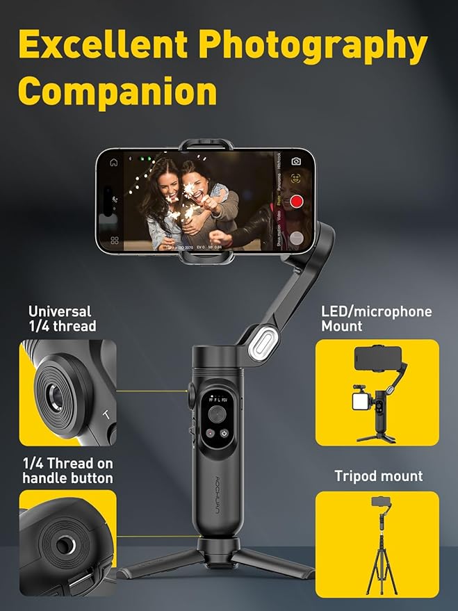 3-Axis Gimbal Stabilizer for iPhone 15/14/13 Pro Max Android,Foldable Smartphone Gimbal w/Built-in Fill Light,1/4 Thread,Professional Anti-Shake Video Record for TikTok YouTube(Smart X Black)