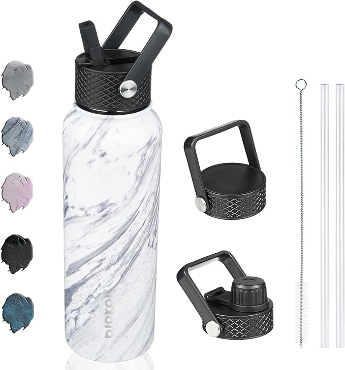 BJPKPK Insulated Water Bottles with Straw Lid, 40oz Stainless Steel Water Bottles with 3 Lids, BPA Free Leakproof Thermo, Tumblers, Cups for Sports, Gym- Marble Frozen