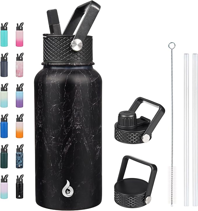 BJPKPK Insulated Water Bottles with Straw Lid, 27oz Stainless Steel Water Bottle with 3 Lids, Leak Proof BPA Free Metal Thermo, Mugs, Tumblers, Keep Cold Hot -Midnight