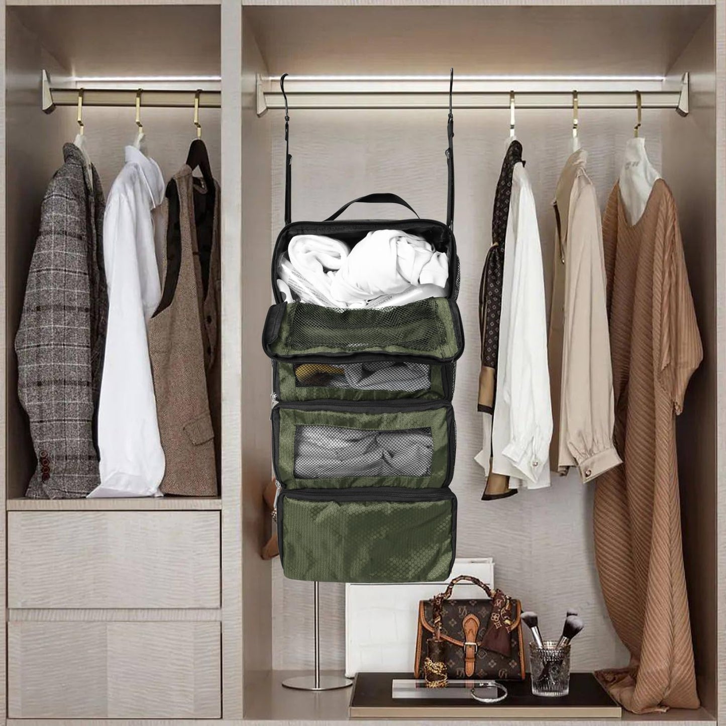 Olosar Suitcase Organizer, Travel Luggage Organizer Portable Hanging Travel Shelves Collapsible Hanging Compression Packing Cubes for Carry on Suitcase,Army Green
