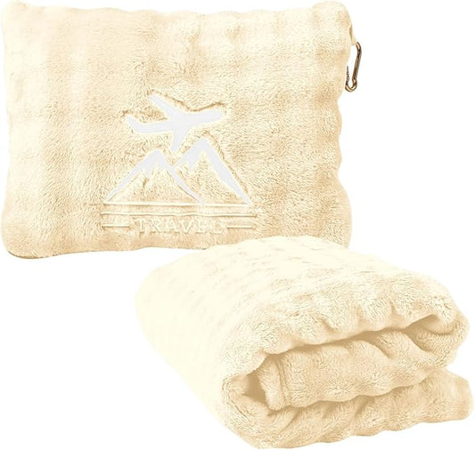 Travel Blanket and Pillow-2-in-1, Ultra-Soft&Compact, One-Piece Airplane Blanket with Hand Luggage Belt and Backpack Clip,Travelers Accessories Gifts, 61x43 Inches(White)