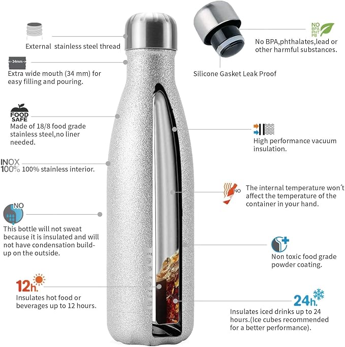 BJPKPK Insulated Water Bottles 17oz Stainless Steel Sports Water Bottles Keep Cold for 24 Hours and Hot for 12 Hours,BPA Free,Glitter Silver