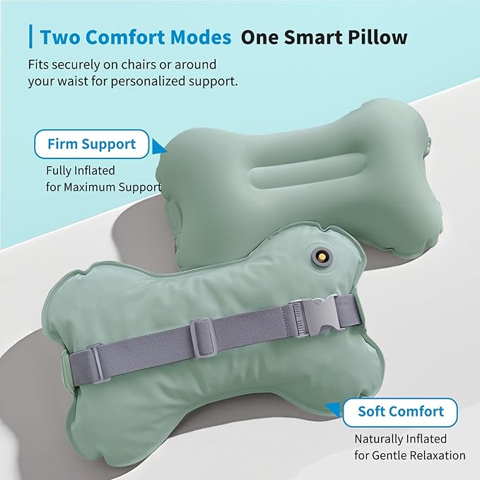 Mixtrend Travel Lumbar Pillow – Inflatable Memory Foam Back Support Cushion for Airplane, Car, Office Chair, Long Flight – Ergonomic Pain Relief for Women, Men & Kids (Matcha Green)