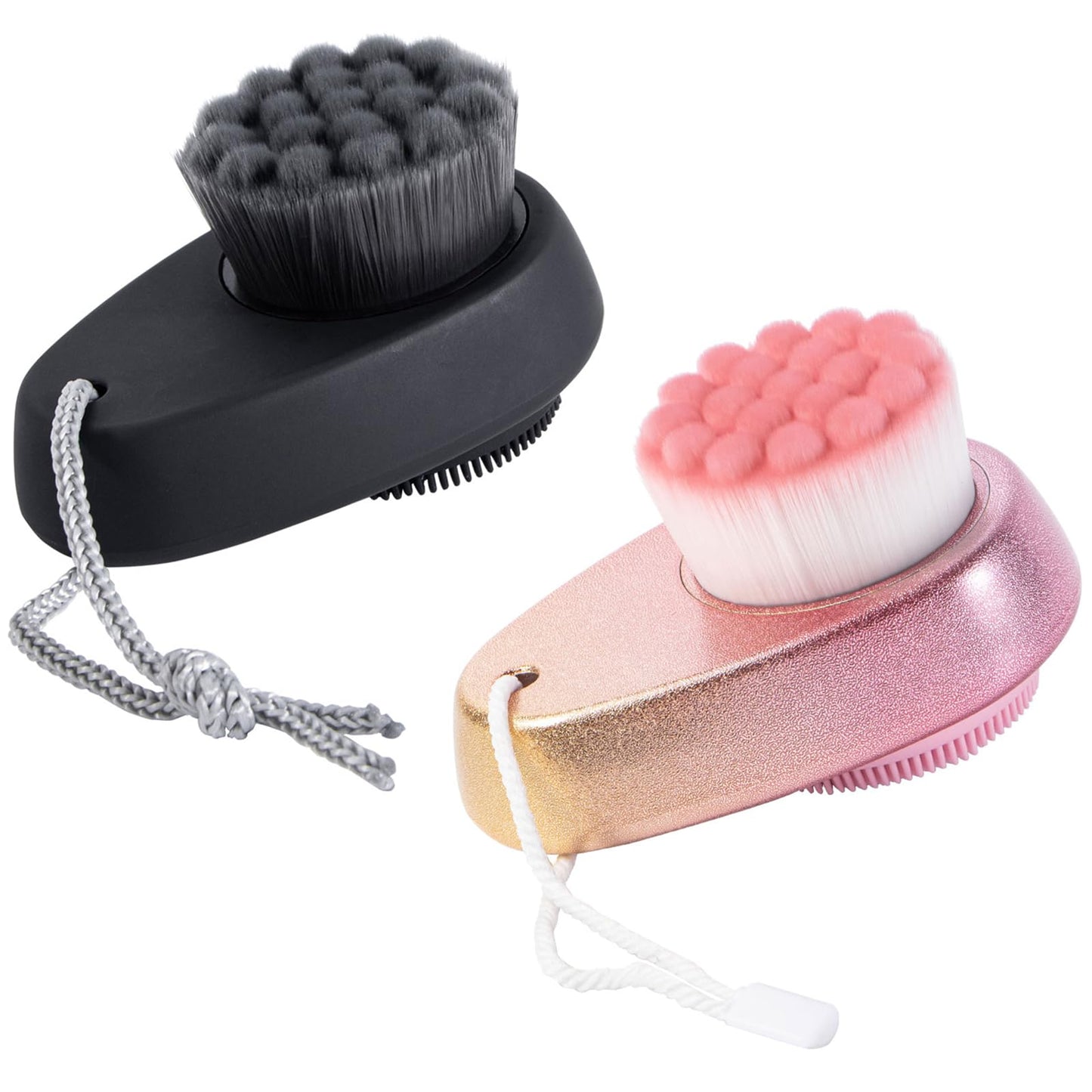 Beomeen 2 Pack Facial Cleansing Brush 2 in 1 for Face Exfoliation, Soft Bamboo Charcoal Microfiber Bristle Dual Face Silicone Scrubber Brush for Pore Deep Cleansing Skincare with Lid, Black+Gradient