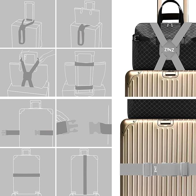 2-Pack Elastic Luggage Straps with Suitcase Bungee, Adjustable Bag Belt Travel Accessories -Gray