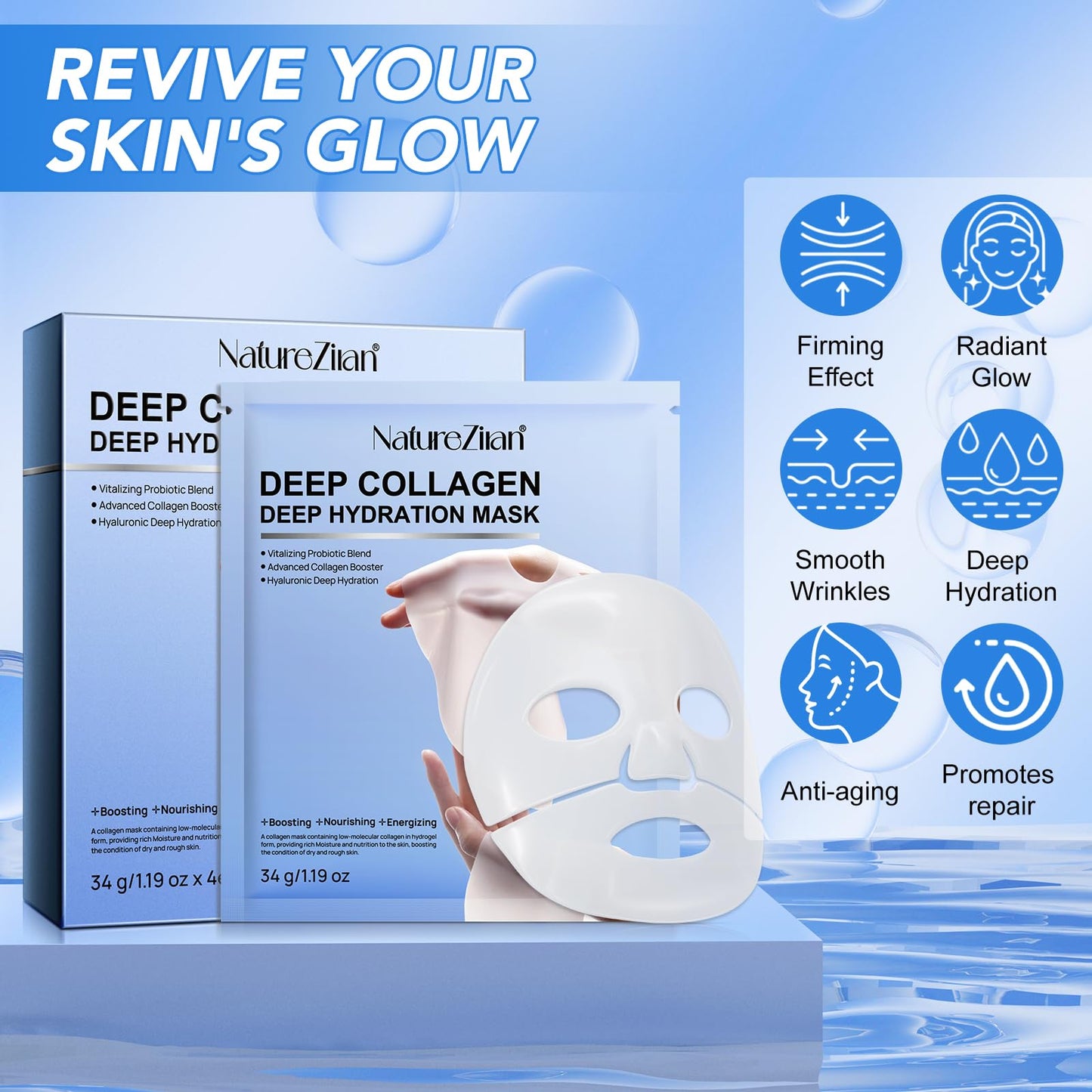GOGIFTGO Collagen Face Mask,Collagen Real Deep Mask,Collagen Mask,Deep Hydrating Anti Wrinkle Lifting Mask,Hydrogel Masks for All Skin Types 34g*4ea
