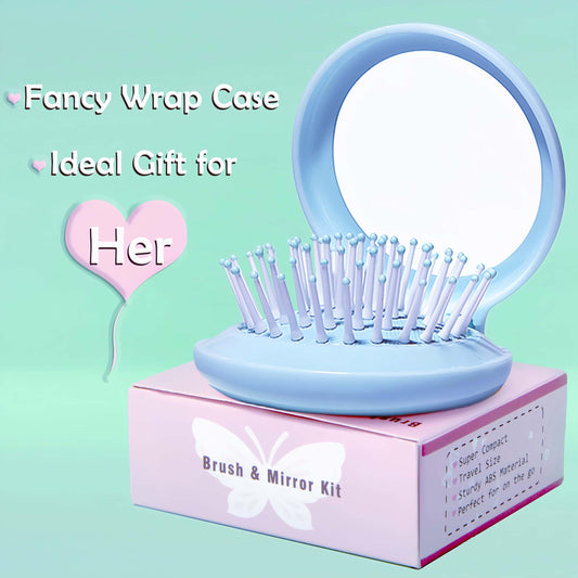 Arthaxi Travel Hairbrush and Mirror Set for Women, Folding Brush with Compact Mirror for Purse or Backpack, Cute Baby Blue Gift