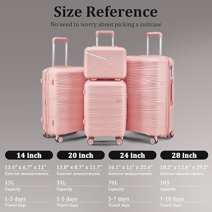 4-Piece Expandable Hardshell Luggage Set with TSA Lock (14/20/24/28) - Lightweight PP Suitcases, 360° Silent Spinner Wheels and Durable 100LB Handle for Air Travel (Pink)