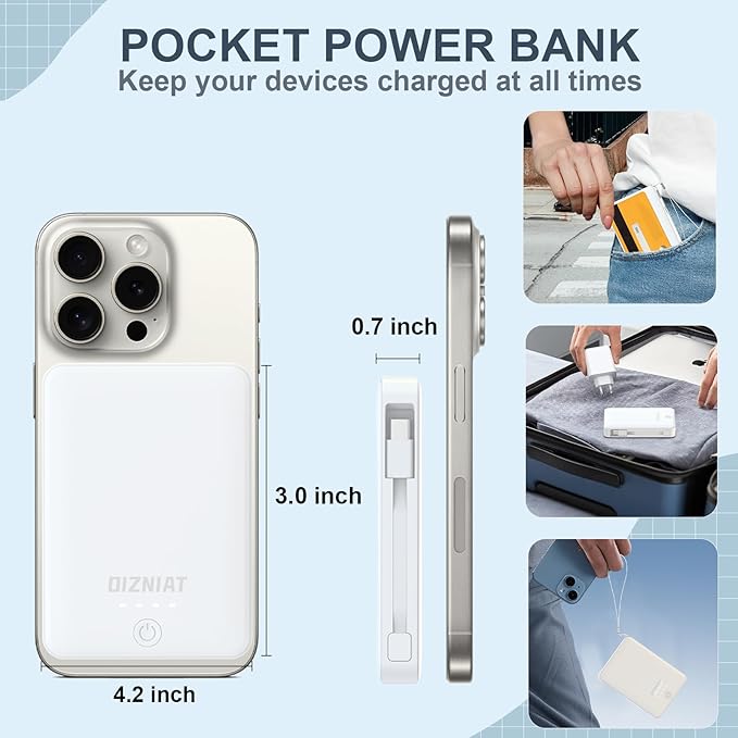 10000mAh Power Bank Portable Charger, Ultra Slim 22.5W Fast Charging with Built in USB C and ‌Lightning Cable, 4 Outputs Power Bank for iPhone 11/12/13/14/15/16 Android Samsung - White