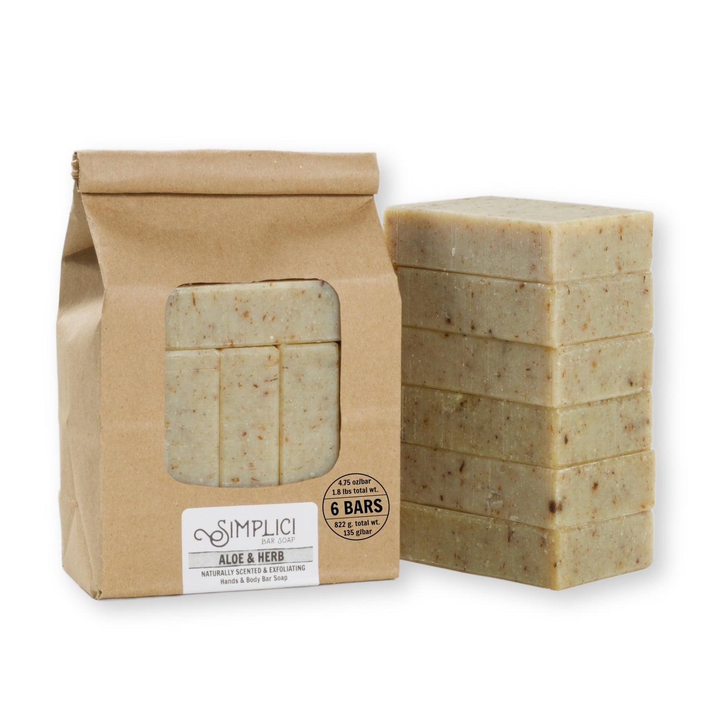 Simplici Aloe & Herb Natural Soap (exfoliating + pure essential oils) 6 Bar Value Bag. Palm Free.