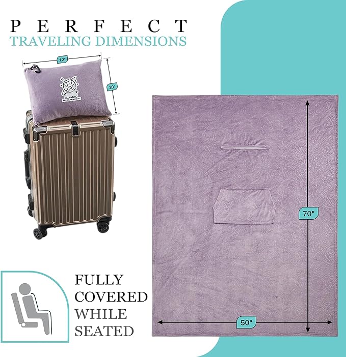 Commollis 2-in-1 Travel Blanket & Pillow for Airplane, Car, Train - Warm Compact Flight Blanket with Luggage Strap & Backpack Clip, Machine Washable, All-Season Use