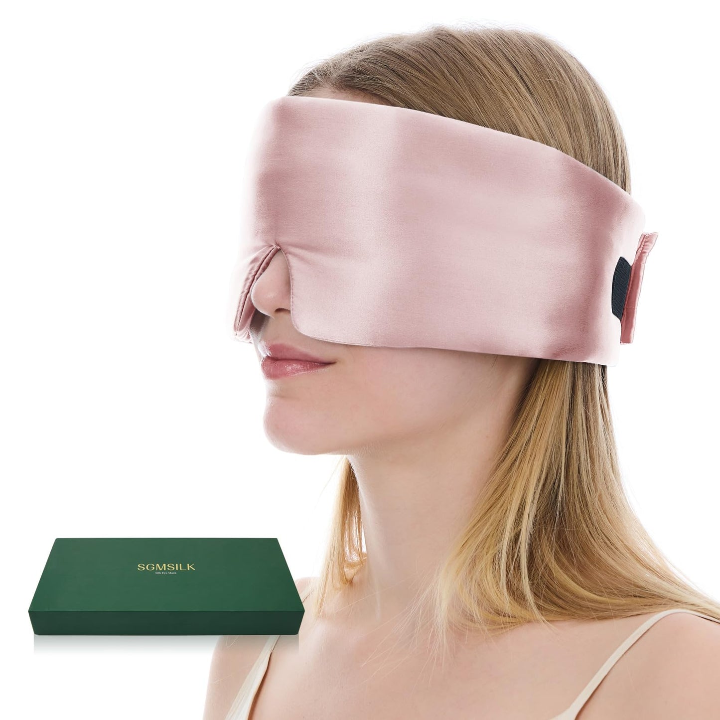 SGMSILK 100% Mulberry Silk Sleep Mask, Large Size Travel Eye Masks for Side Sleepers, Adjustable Sleeping Mask for Women and Men, 100% Blackout Eye Mask for Sleeping Soft Pink
