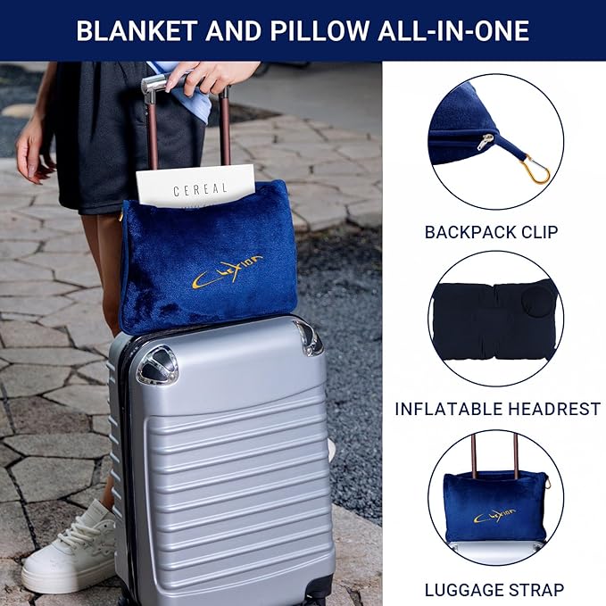 Travel Blanket & Pillow Set, 300 GSM Soft Fleece, 60x43 Inches, 3-in-1 Airplane Blanket, Travel Pillow and Blanket Set, Travel Blanket Airplane Compact with Bag, Travel Essentials, Navy