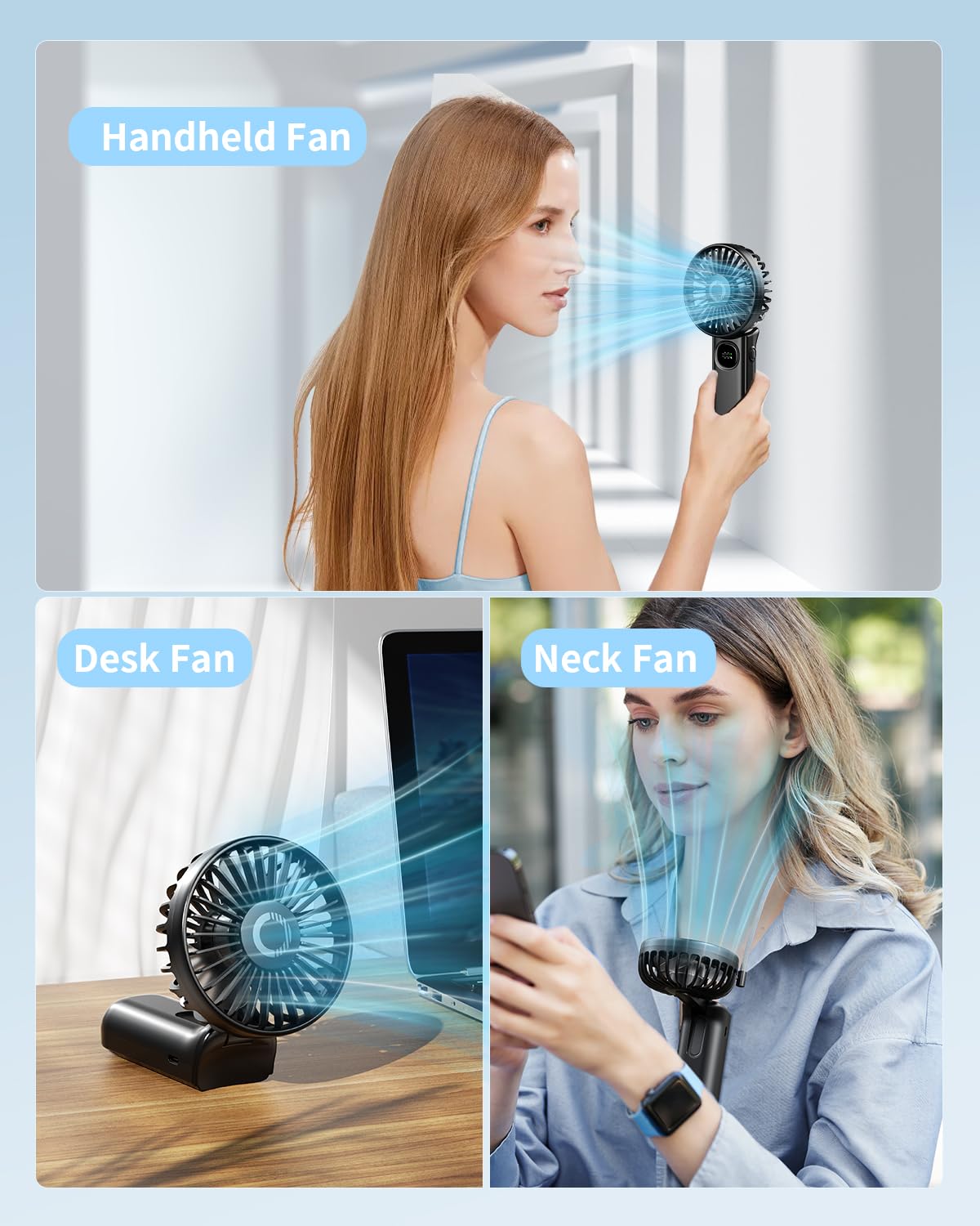 Foldable Portable Fan with LED Display, 3000mAh Battery Operated Mini Hand Held/Neck/Desk 3 in 1 Personal Small Fan for Eyelash Makeup Travel Beach Outdoor Black
