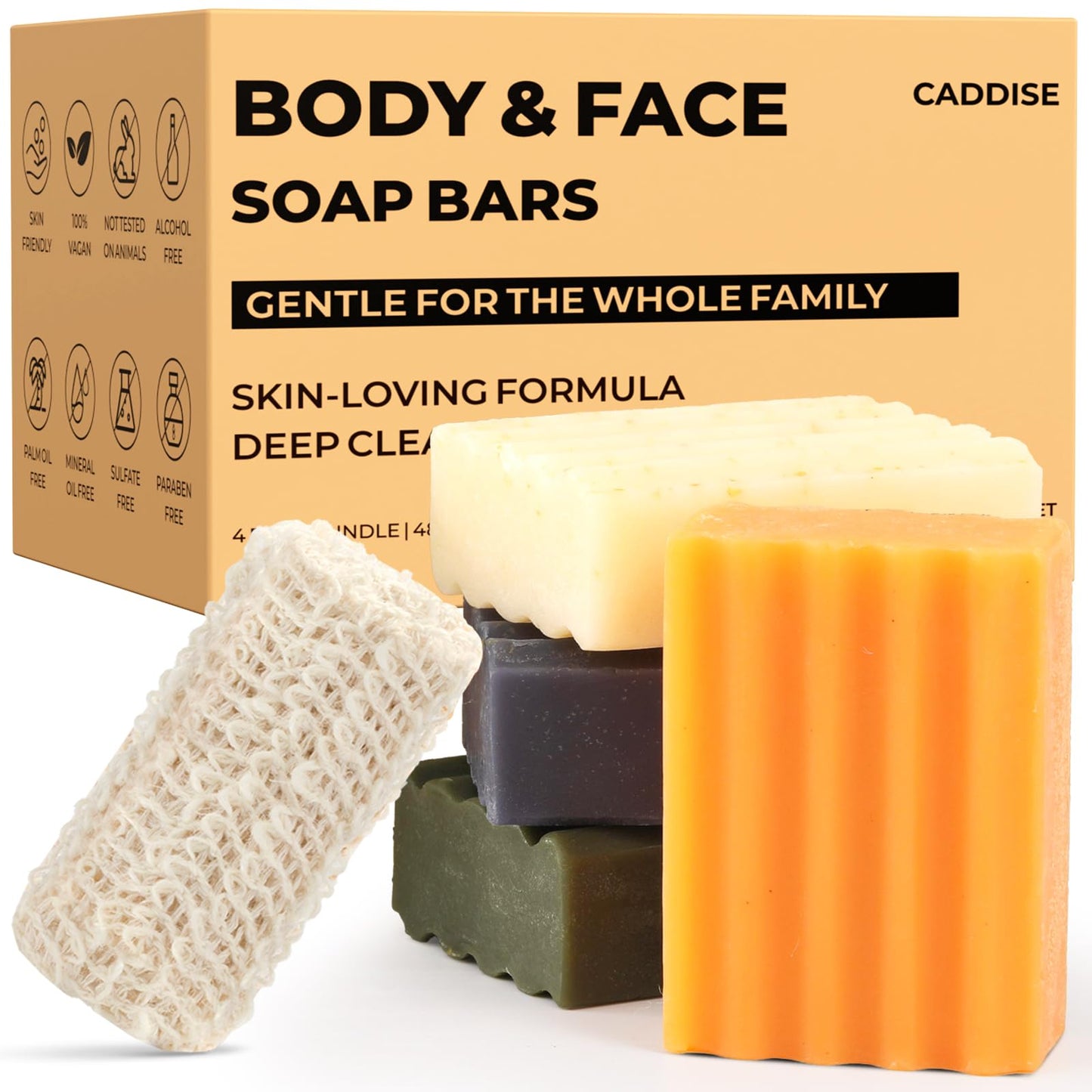 CADDISE Natural Soap Bar – Cold Process Handmade Soap for Face & Body Wash, Moisturizing & Cleansing with Tea Tree & Coconut Oil, Shea Butter, Jojoba & Honey, Gift Set for Men & Women, 4 Pack 16.8 Oz