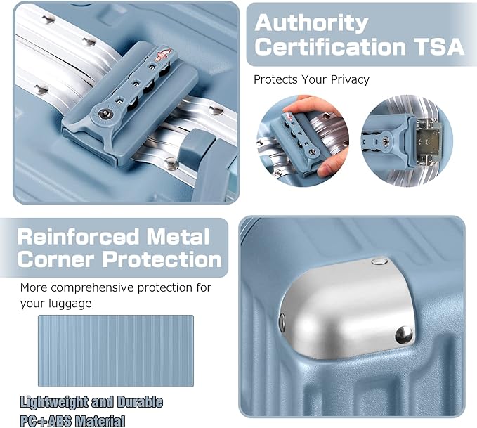 AnyZip Luggage Aluminium Frame Suitcase Hard Shell TSA Lock No Zipper 28In Haze Blue