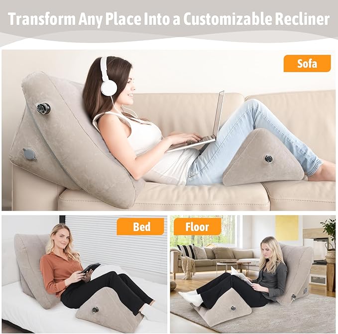 Inflatable Bed Wedge Pillow Set, 2 PCS Adjustable Sitting Pillows with Removable Mesh Cover, Post Surgery Support for Back and Leg Pain Relief, GERD